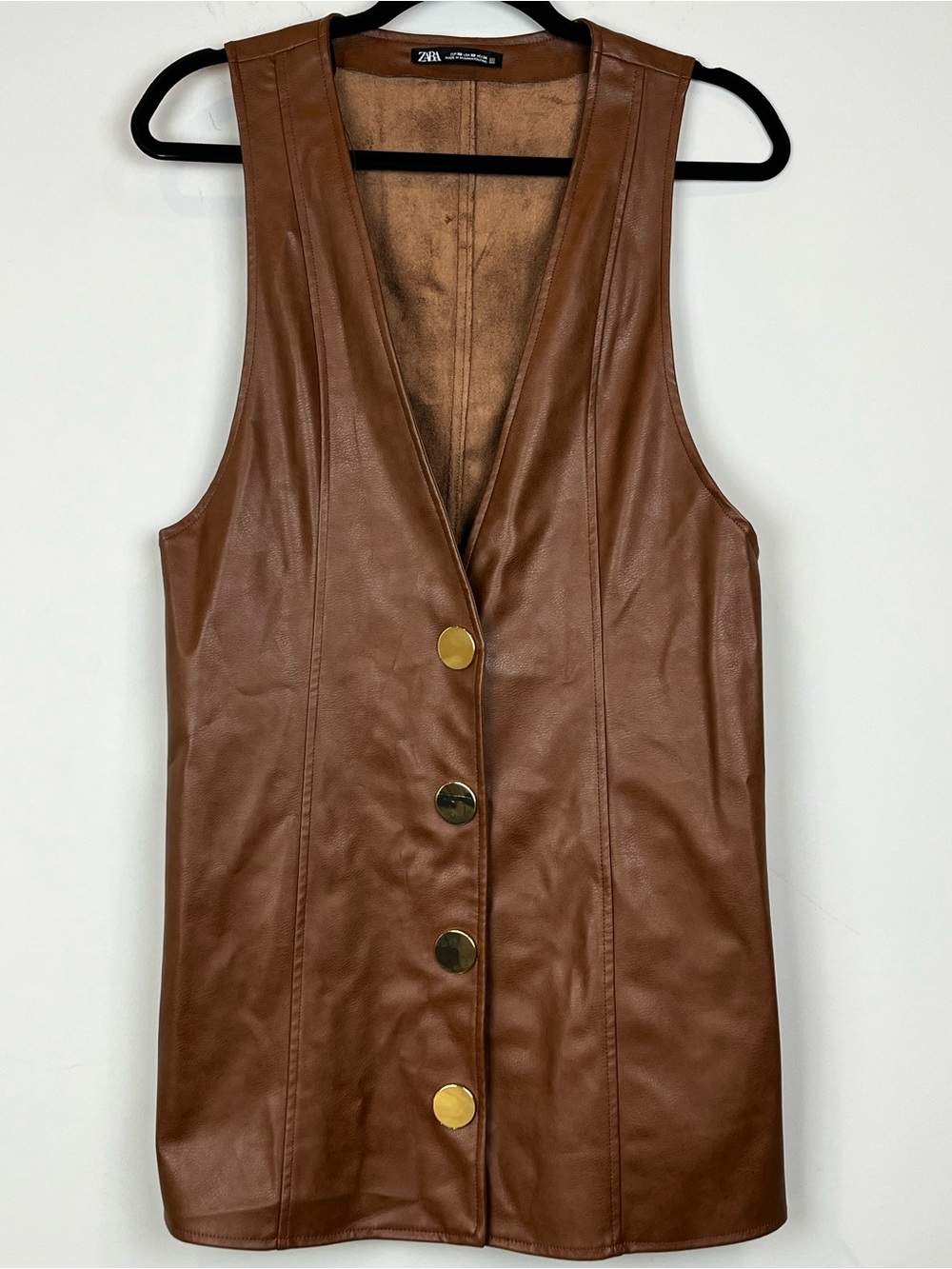Zara Brown Faux Leather Button-Front Vest Pinafore Dress Size XS - Picture 4 of 15